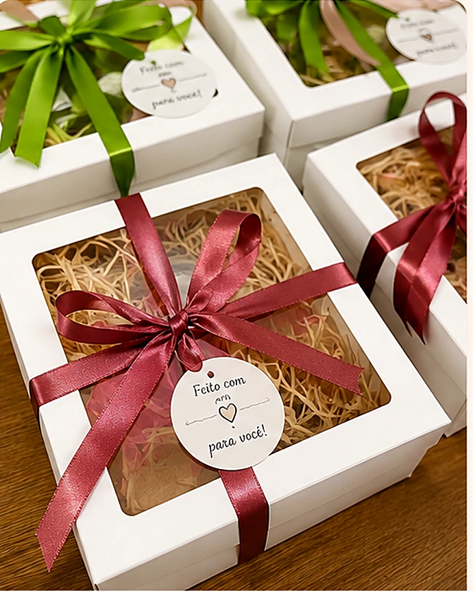 Caixas de presente prontas para envio, com laços coloridos